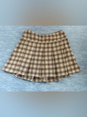 Plaid A-Line Mini Skirt in Cream and Brown